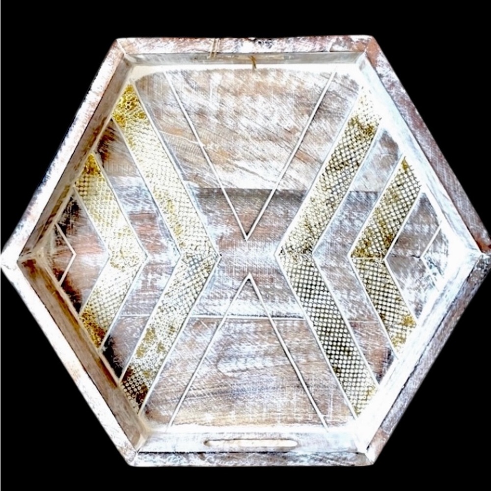 Unique Octagonal Distressed Natural Wooden Tray with Gold Accents ๐NWT! - Picture 2 of 16